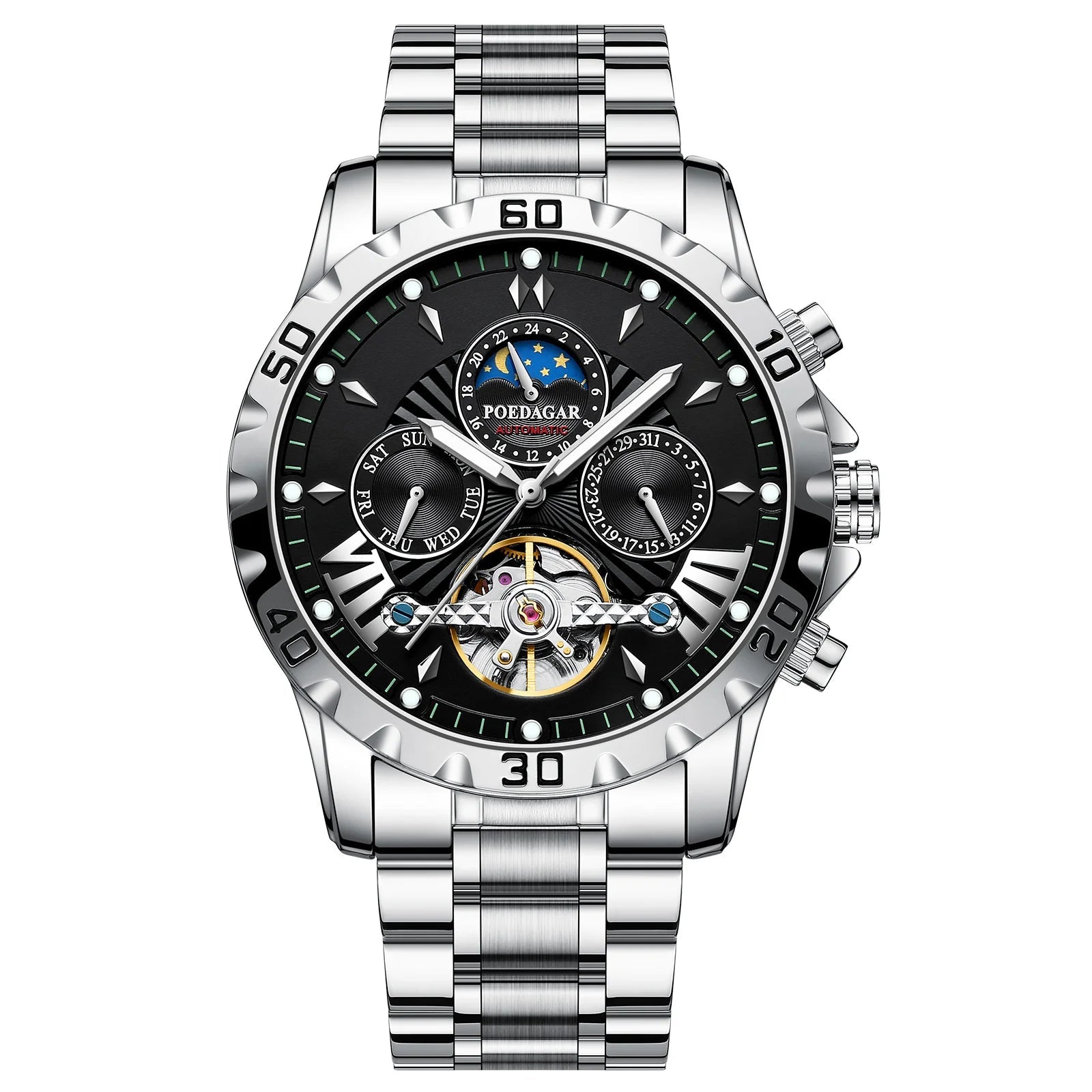 Tourbillon Automatic Mechanical Wristwatch Waterproof Luminous Date Week Leather Men Watch Luxury Fashion Men'S Watches